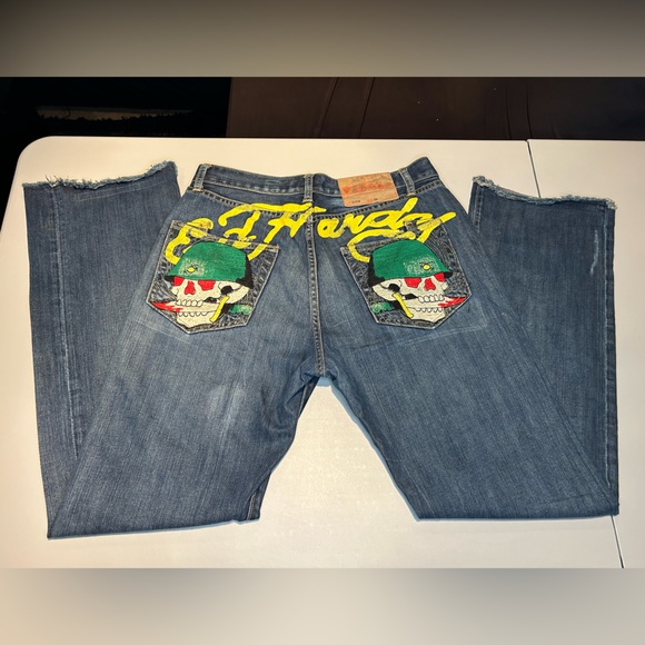 Y2K Super Rare Ed Hardy Army Skull Denim Jeans Christian Audigier Men Size 33 - Picture 2 of 16
